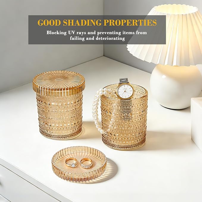 Flrolove 4pcs Amber Glass Qtip Holder, 10oz Bathroom Organizers and Storage | Heavy Base Bathroom Jars with Lids Set for Qtips, Cotton Rounds, Balls & Floss Picks, Water Proof, BPA Free, Dishwasher Safe