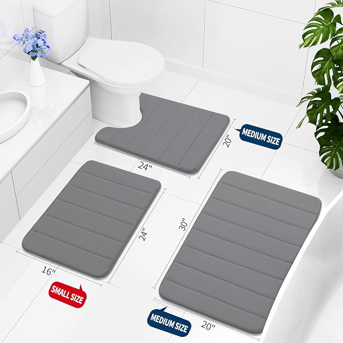 Buganda Memory Foam Bath Mat 44 x 24, Ultra Soft Absorbent Bathroom Rugs | Grey, Machine Washable Quick Dry Bath Mats for Bathroom Floor, Shower and Tub, Home Decor Accessories
