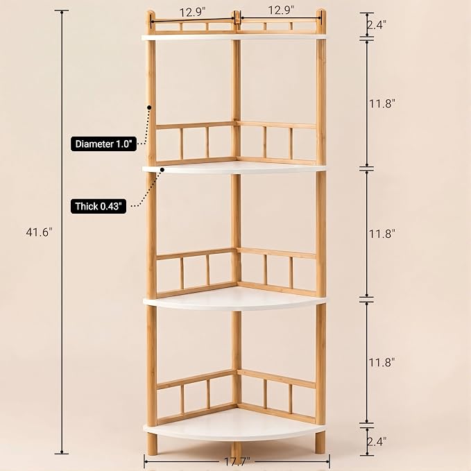 4-Tier Expandable Bamboo Corner Shelf Stand,Corner Bookshelf, Display Storage Shelves with Open Shelves, for Organization and Storage, Living Room, Home Office, Garage (White, 4-Tier WithRail)
