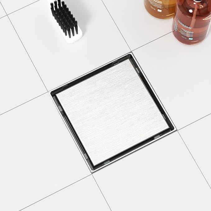 Neodrain Square Shower Drain with Removable Tile Insert Grate,304 Stainless Steel, CUPC Certified, Includes Hair Strainer (Brushed, 4 in)