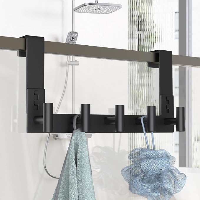 PMMASTO Over The Door Hooks, Door Hanger Hook for Hanging, Coat Rack Organizer for Bathroom, Towel Holder Bathroom Accessories (Black 5 T-Hooks-Fits 1-3/4" Thick Door)
