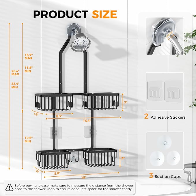Adjustable Aluminum Shower Caddy Hanging for Handheld Showerhead, Black | Rustproof Aluminum, Shower Organizer, Anti-Slip, Quick-Drain Shelf, 40lbs Capacity, Suction Cups, 8 Hooks, Razor Soap Holders