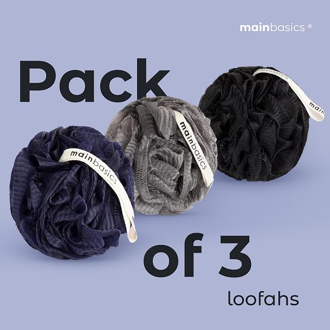 MainBasics Shower Loofah Sponge Pouf, Set of 3, Black Ice | Soft Mesh Body Scrubber and Bath Sponge for Gentle Exfoliation, Rich Lather, and Everyday Shower Use