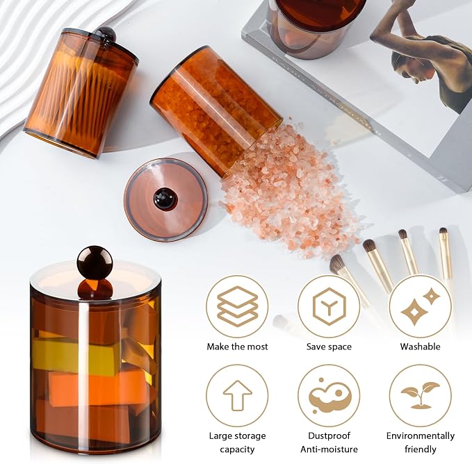 2 Pcs Acrylic Qtip Holder, Cotton Ball Holder Jars with Lids, Brown | Apothecary Jars for Cotton Swabs, Balls, Pads and Floss Picks, Bathroom Vanity Organizer