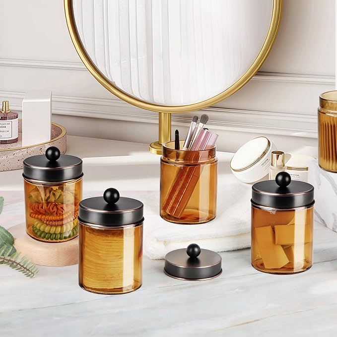 Amolliar Bronze Glass Apothecary Jar With Metal Lid & Stickers, Bathroom Qtip Dispenser Storage Canister, Perfect for Cotton Balls, Cotton Swabs, Makeup Pads, Bath Salt, Floss 1 Pack(ORB)