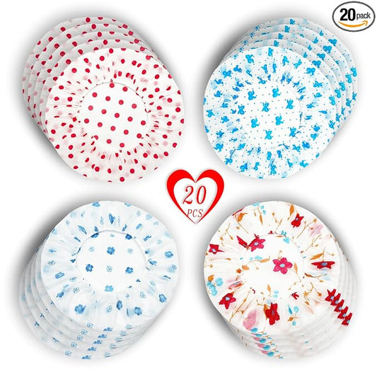 20-Pack Reusable Waterproof Shower Caps - 27cm Durable Elastic Hair Caps for Women, Men & Kids, Colorful Patterns, Individually Wrapped, Perfect for Shower, Cooking, Spa, Hair Care & Stocking Stuffers