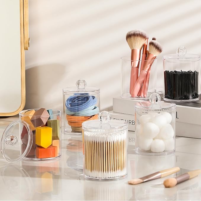 4 Pack Acrylic Qtip Holder Dispenser for Cotton Swabs, Balls, Floss Picks | Thick, Highly Clear, w/ Labels - Small Canister Apothecary Jar Set, Bathroom Decor Essentials, Shelf Vanity Storage Organizer