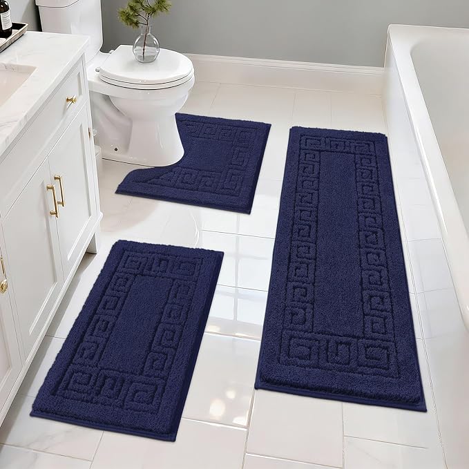 Pauwer Bathroom Rugs Sets 3 Piece, Plush Absorbent Bath Rug, Navy | Microfiber Bath Mat Set, Non Slip Washable, Quick Dry Floor Carprt, Soft U Shaped Toilet Mats For Bathroom Shower Sink
