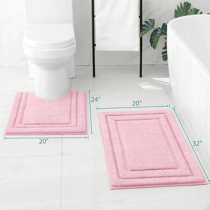 HOMEIDEAS Bathroom Rugs Sets 2 Piece, Super Soft and Absorbent Non Slip Microfiber U-Shaped Toilet Bath Mat Set (20"x32"+U20 x24, Light Pink) | Super Soft and Absorbent Non Slip Microfiber Bath Rug，Machine Washable, for Bathroom, 20"x32"+U Shape 20"x24"