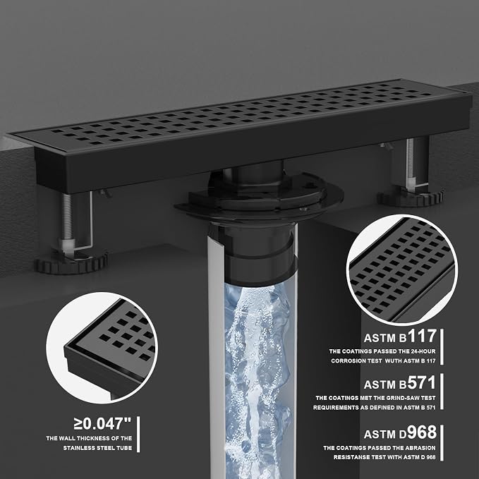 Linear Shower Drain | 24 Inch AISI 304 Stainless Steel Shower Drain, Matte Black Linear Drain with Removable Quadrato Grate Cover & Adjustable Feet, Rectangle Floor Drain, in Bathroom Balcony etc
