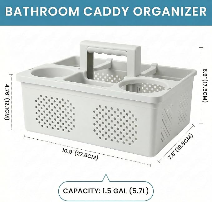 KMV Dorm Room Portable Shower Caddy with Adjustable Compartments - Ventilated Drainage Design with Handles, Perfect Toiletries Organizer for College Dorms-gray