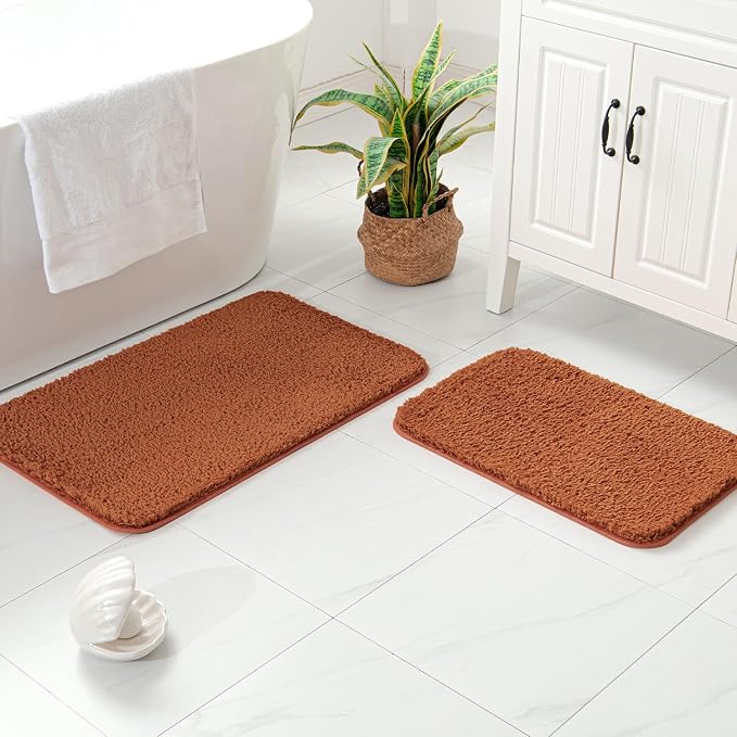 MIULEE Fall Burnt Orange Bathroom Rugs Set 2 Piece Bath Mats 16x24+20x30 | Soft Absorbent Microfiber Bath Rugs, Non Slip, Quick Dry, Fluffy Bath Rugs for Bathroom Floor Tub Showers, Machine Washable