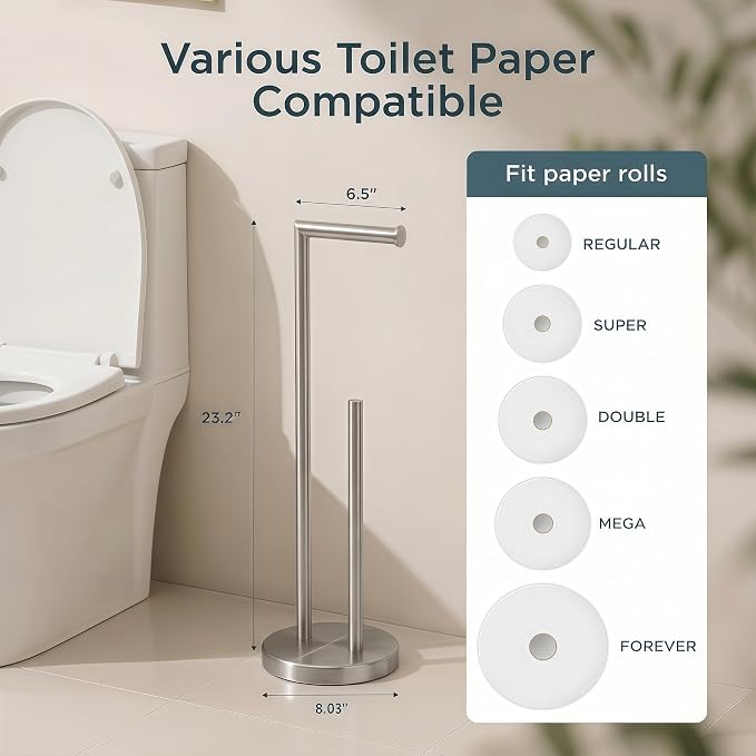 FORIOUS Toilet Paper Holder Stand with Storage for 4 Rolls, Brushed Nickel | Modern Freestanding SUS 304 Stainless Steel Bathroom Tissue Roll Organizer with Heavy Anti-Slip Weighted Base
