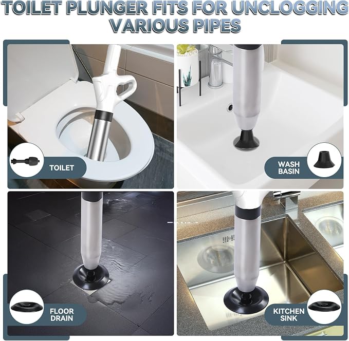Toilet Plunger, High Pressure Drain Unclogger Plungers with Pressure Gauge, toilet auger Air Drain Blaster, Versatile Heavy Duty Clog Remover for Bathroom, Kitchen, Floor Drain (White)