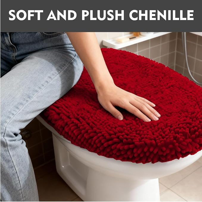 RUN HELIX Bathroom Toilet Lid Cover,Chenille Machine Washable Seat Covers, 17.5x15, Stays in Place Rubber Backing, Fits Most Round, Elongated and Oblong Lids, Accessories Decor,Burgundy