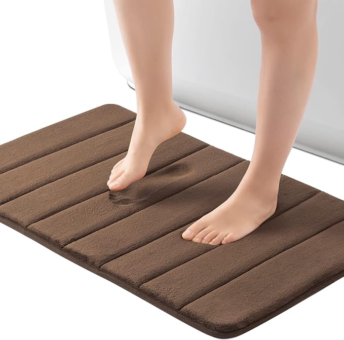 ROSMARUS Memory Foam Bath Mat, 17''x24'', Brown | Water Absorbent, Ultra Soft, Non Slip, Thick Foam, Bathroom Rugs for Floor & Tub, Machine Washable Care