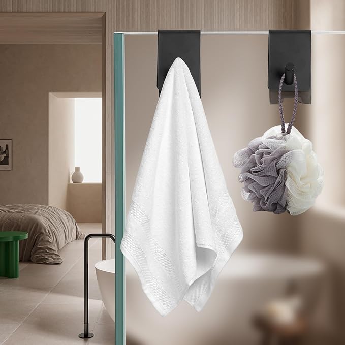 4-Pack Black Shower Hooks with Protective Pads to Avoid Scratches, Over The Glass Towel Hooks for Daily Use, Shower Door Hooks for Frameless Glass Door That are Easy to Install