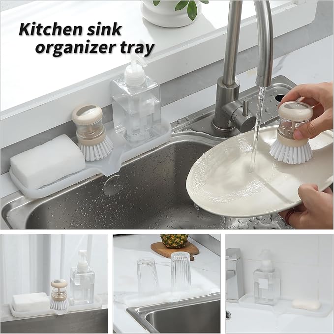 MicoYang Silicone Soap Dish with Drain Spout — Self-Draining Double Sink Organizer Tray for Kitchen & Bath, Dispensers, Sponges & Soap Holder, Non-Slip & Dishwasher Safe, Translucent (Large, 12"×4")