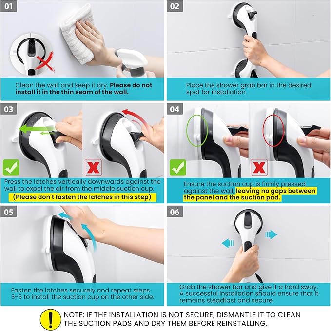 TAILI Suction Shower Grab Bar 2 Pack, Grab Bars for Bathtubs Showers for Seniors Elderly Handicap, Bathroom Safety Shower Handles Support Grip, Heavy Duty Suction Cup, No Drilling Removable, Black,G9