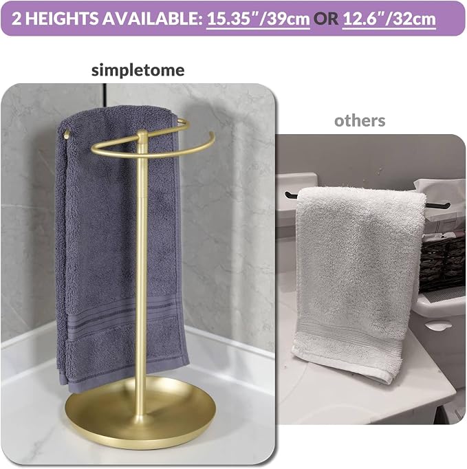 Hand Towel Holder Countertop with Storage Tray Weighted (Brushed Gold) | heavier base | electroplated for a lasting shine | bathroom organizer | storage tray for watch, necklaces, glasses, earring