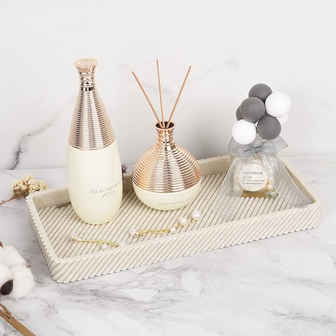 Beige Bathroom Accessories Set 4 Pcs - Toothbrush Holder,Lotion Soap Dispenser,Qtip Holder Dispenser,Vanity Tray for Countertop Vanity Organizer,Bathroom Accessory Set