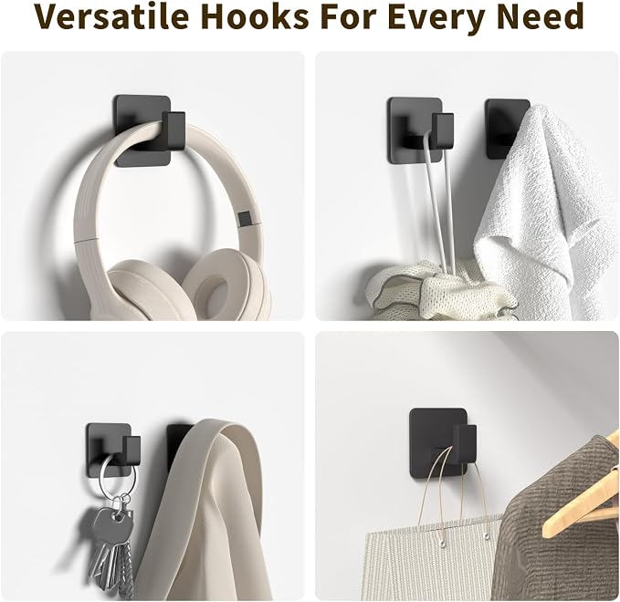 GWAAZXGZ Square Self Adhesive Towel Hooks - 6 Pack Matte Black Metal Hooks, Right-Angle Design for Towels, Robes & Hats, Organize Bathroom, Kitchen, Entryway, Doors, Cabinets on Smooth Surfaces