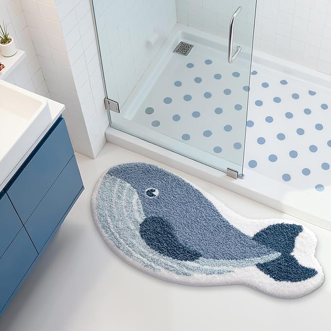 LUMI Cute Animal Bathroom Rugs, Plush Absorbent Bath Mats for Bathroom, Non-Slip Backing Washable Bath Mat, Ideal for Shower Sink Bathtub Room Decor, 24"x43", Deep Whale