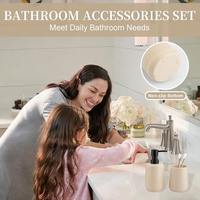 Resin Bathroom Accessory Set, Soap Dispenser and Toothbrush Holder, Beige | 2 Piece Bathroom Accessories Set for Bathroom Countertop Storage and Housewarming Gifts