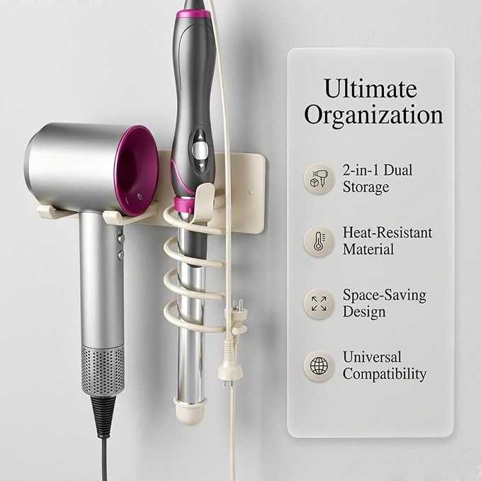 2-in-1 Wall Mount Hair Tool Organizer Hair Dryer Holder, White | Universal storage rack for blow dryer and curling iron in bathroom