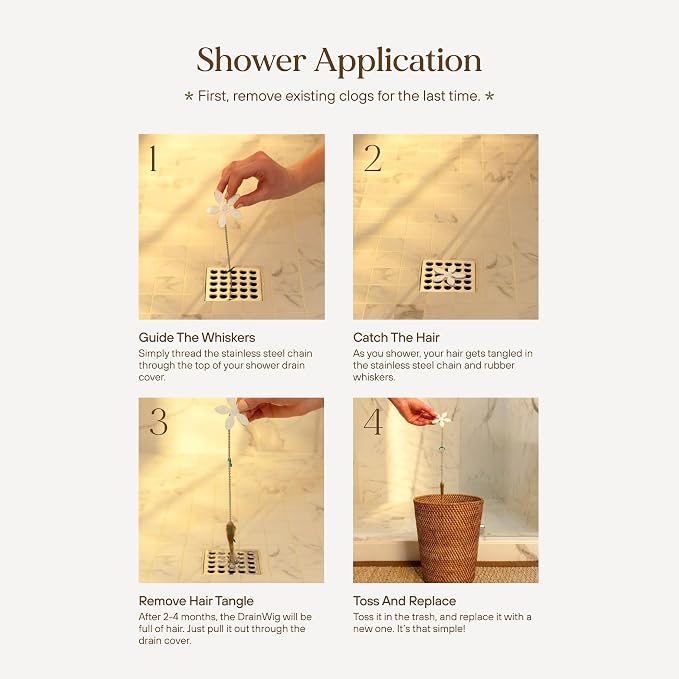 Shower Drain Hair Catcher – Disposable Bathroom Hair Trap, Easy to Install in Shower Drain Cover, Helps Prevent Clogs – As Seen on Shark Tank – White Flower (4-Pack)
