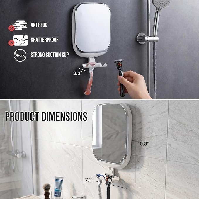 TAILI Shower Mirror Fogless for Shaving,Fogless Mirror Suction Wall Mounted | Shower Mirror Fogless, Shaving Mirrors, Removable & Reusable, Wall Mount, Razor Holder Storage, Bathroom Accessories, White
