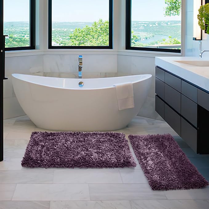 Yimobra Bathroom Rug Set 2 Piece, Luxury Shaggy Bath Mat Set with Non Slip Backing, Ultra Soft & Absorbent Mats for Bathroom Floor, Machine Washable, 44"x24"+24"x17", Dark Purple