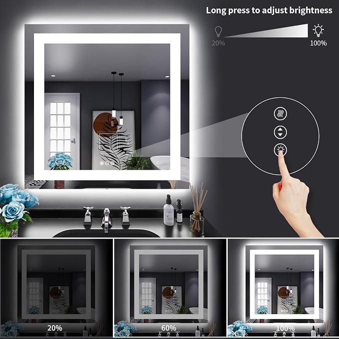 LOAAO 38"X38" LED Bathroom Mirror with Lights, Anti-Fog, Dimmable, Backlit + Front Lit, Lighted Bathroom Vanity Mirror for Wall, Memory Function, Tempered Glass, Shatter-Proof, ETL Listed | Anti-Fog, Dimmable, 3 Color Temperature, Backlit + Front Lit, ...