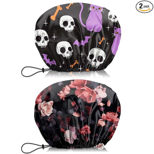 2 PCS Shower Cap Waterproof Double Layer Elastic Adjustable Reusable Hair Bath Caps for Girls Women Cute Aesthetic-Purple Red