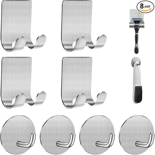 Diesisa Razor Holder for Shower + Adhesive Wall Hooks, Premium 304 Stainless Steel Shower Razor Holder with Heavy Duty Waterproof Sticky Hooks for Hanging Towels, Coat, hat (4+4 Pack) - Black