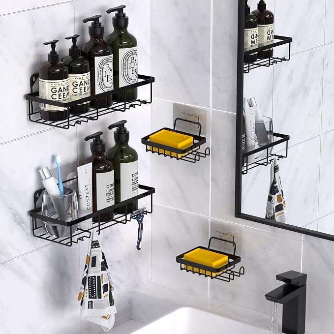 4 Pack Shower Caddy Shelf Organizer with Soap Holder, Stainless Steel Bathroom Shelves Basket with Adhesives/Screws, Hooks, Storage Rack for Kitchen Black