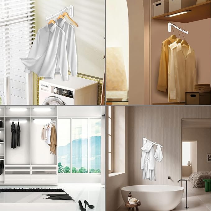 Sumnacon Stainless Steel Clothes Hanger Rack-Wall Mount Clothing Rack with Swing Arm, Sturdy Clothing Hanger Rack for Laundry Room Bedrooms Clothing Drying Rack with 5 Hooks, White