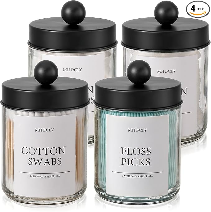 Bathroom Organizers and Storage,4 Pack,48 oz Total,Bathroom Accessories,Bathroom Decor,Bathroom Storage and Organization,Qtip Holder for Room Decor Aesthetic (Black lids)
