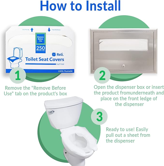 Reli. Toilet Seat Covers (2000 Pcs, 8 Packs of 250) Flushable | Disposable Toilet Seat Cover 14x16" (Half-Fold) | Paper Liners for Restroom, Bathroom, Travel, Camping, Potty Training
