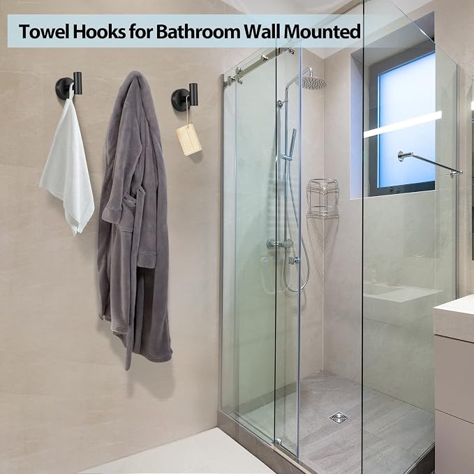 Kruodop Towel Hooks for Bathroom,2 Packs Wall Mount Towel Holder,Black Matte Wall Robe Hook,Stainless Steel Heavy Duty Door Hanger Towel Hook for Kitchen, Bedroom,Hotel,Pool,Coats(Drilling)