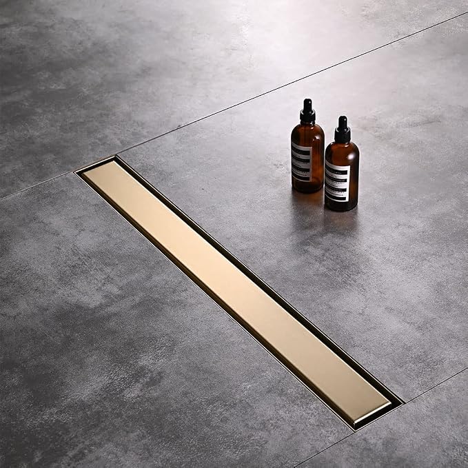 AVSIILE Linear Shower Floor Drain, Brushed Gold 60 Inch 304 Stainless Steel Bathroom Drains Kit, Rectangular Shower Trench Drain with Reversable Tile-in Pattern Drain Cover & Hair Catcher
