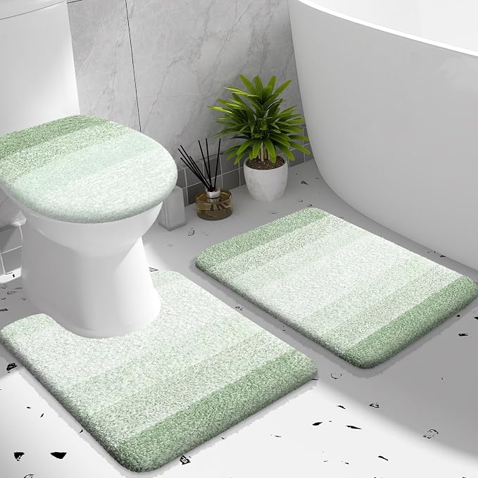 OLANLY Bathroom Rugs Sets 3 piece, Soft Microfiber Absorbent Bath Mat, U-Shaped Contour Toilet Mat and Toilet Lid Cover, Quick Dry, Machine Washable, Toilet Cover and Rug Set for Bathroom, Sage Green
