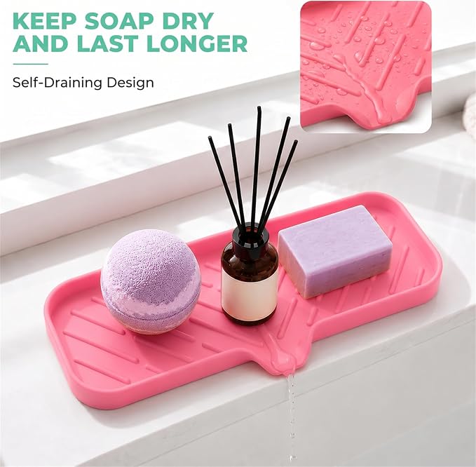 MicoYang Silicone Soap Dish with Drain Spout — Self-Draining Double Sink Organizer Tray for Kitchen & Bathroom, Dispensers, Sponges & Soap Holder, Non-Slip & Dishwasher Safe, Rose (Large, 12"×4")