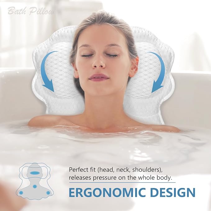SetSail Bath Pillow, Bath Pillows for Tub Neck and Back Support, White | Soft 4D Breathable Air Mesh Ergonomic Bathtub Pillow with 6 Strong Suction Cups and Hook Luxury Bathroom Accessories