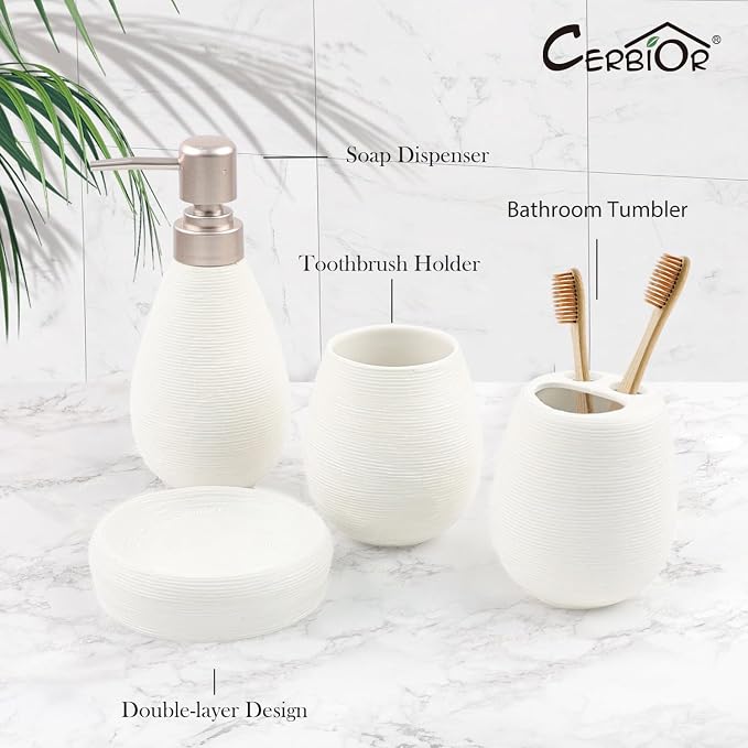 CERBIOR Bathroom Accessories Set,4 PCS Ceramic Bath Accessory,White | Includes Toothbrush Holder, Toothbrush Cup, Soap Dish for Decorative Countertop and Housewarming Gift