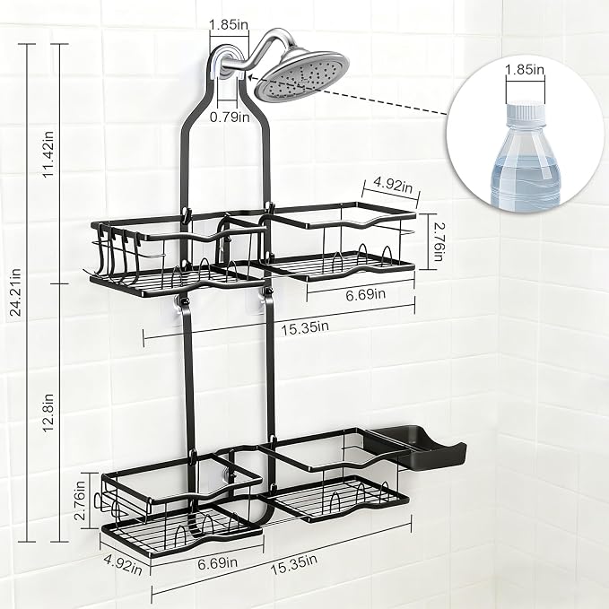 Shower Caddy Hanging Organizer, Rustproof Over Shower Head Caddy Holder with Hooks for Razor/Sponge, No Drilling Bathroom Racks Bath Storage Shelves for Shampoo Soap Towels, Black