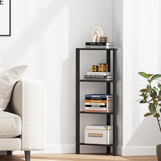 TUTOTAK Corner Shelf, 4-Tier Corner Bookshelf for Small Space, Narrow Display Corner Shelf Stand with Storage Rack, for Living Room, Bedroom, Black BS05BK004