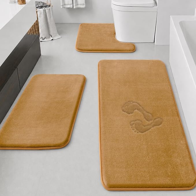 Bathroom Rugs Sets 3 Piece, Non-Slip & Quick Dry Bath Mat Set, Ultra Soft Velvet Bath Rugs for Bathroom, Toilet and Shower Floor, Khaki