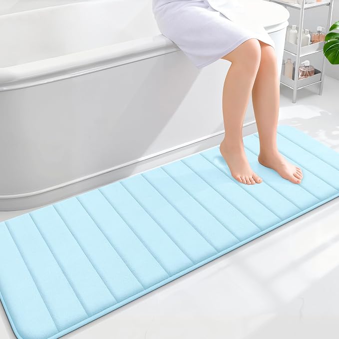 OLANLY Memory Foam Long Bathroom Rugs Runner 59x20, Super Soft Absorbent | Sky Blue, Quick Dry Bath Mat, Machine Washable Shower Floor Rugs, Bathmat Carpet for Bathroom Floor, Tub and Shower