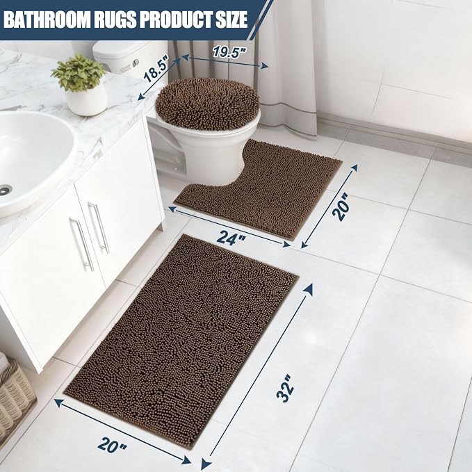 Bathroom Rugs Sets 3 Piece with Toilet Seat Cover 19.5"x 18.5" | Machine Washable Bath Rug Set with Tpr Non Slip Rubber Backing Solid Bath Mat Set for Luxury Bathroom Decoration